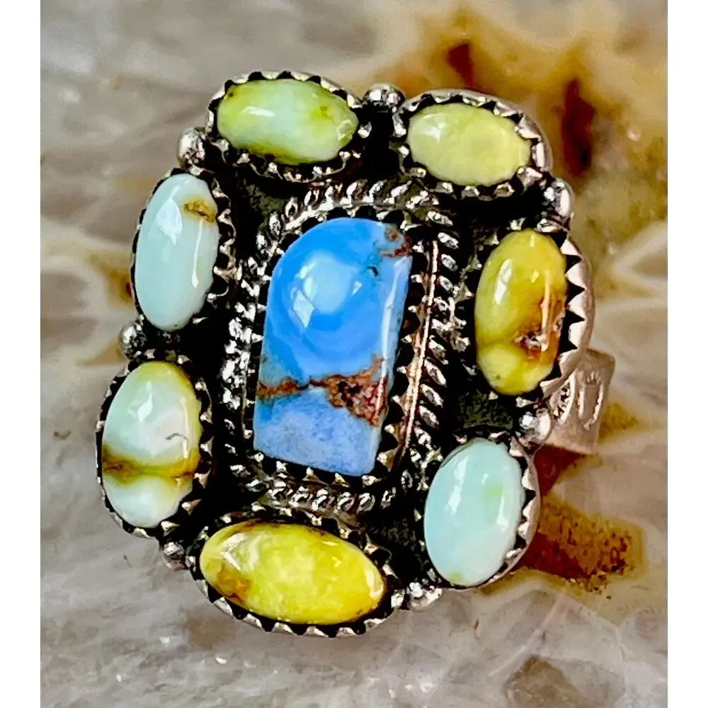 Southwestern Sterling Silver Mixed Turquoise Cluster Statement Ring Adjust Size